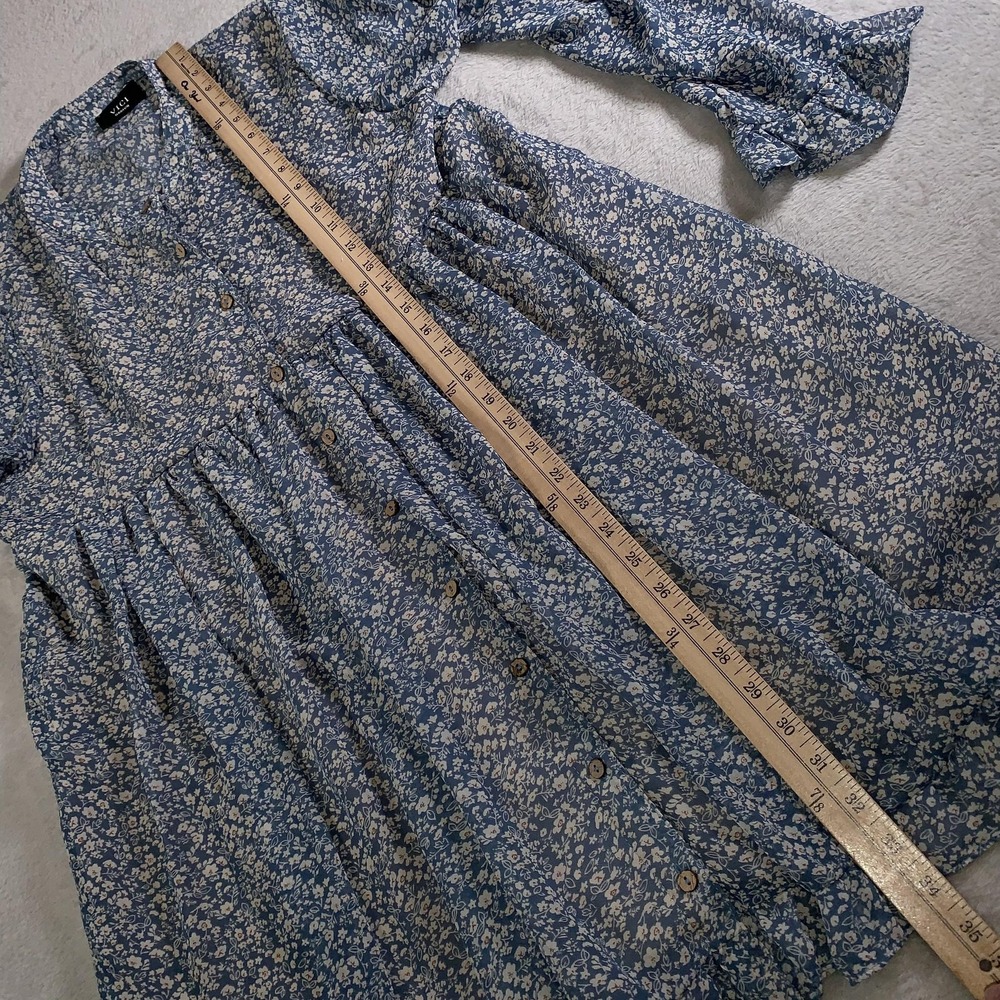 VICI Dress Womens Medium Blue Floral Fit & Flare Button Front Ruffle Hem - Picture 4 of 7